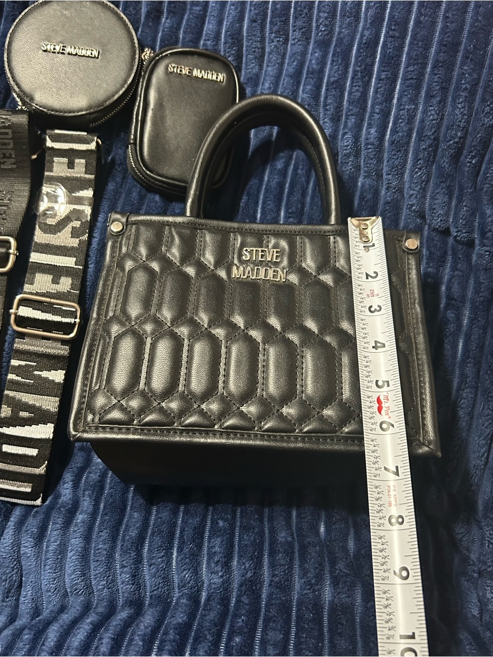 Steve Madden Black Quilted Mini Satchel with Branded Strap and Pouches - Picture 4 of 10